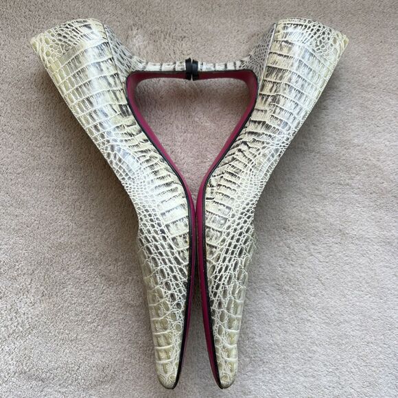 Emanuel Urgaro Paris Embossed Snakeskin Cream Taupe Leather Pumps Pointy Women 8 - Picture 5 of 16